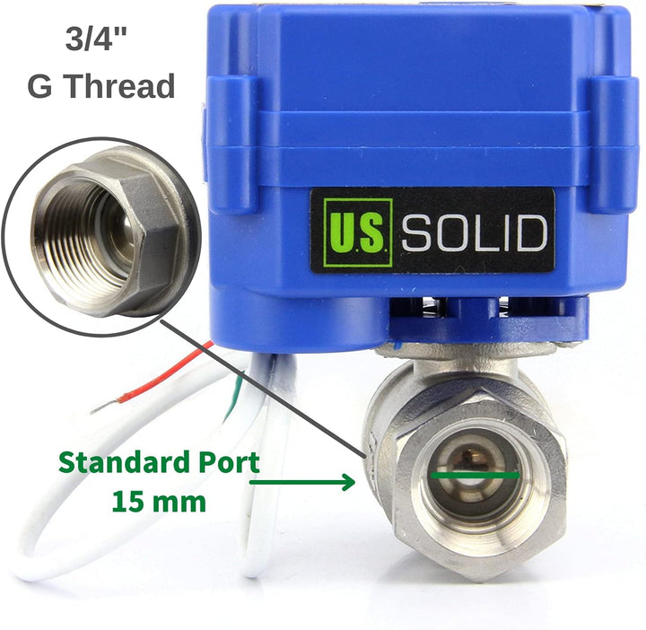 U.S. Solid 3/4" Motorisierter Kugelhahn, Edelstahl, Elektrischer Kugelhahn, stromlos offen, DN20, 22