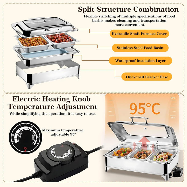 Chafing Dish Elektrisch, 9L Edelstahl Speisewärmer Buffetwärmer Einstellbare Temperatur, Warmhaltebe