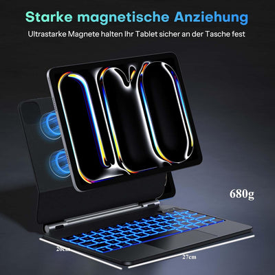 OMOTON Für iPad Pro 11 (M4,2024) Tastatur mit Hülle, Kabellos Beleuchtete Tastatur QWERTZ mit Multi-