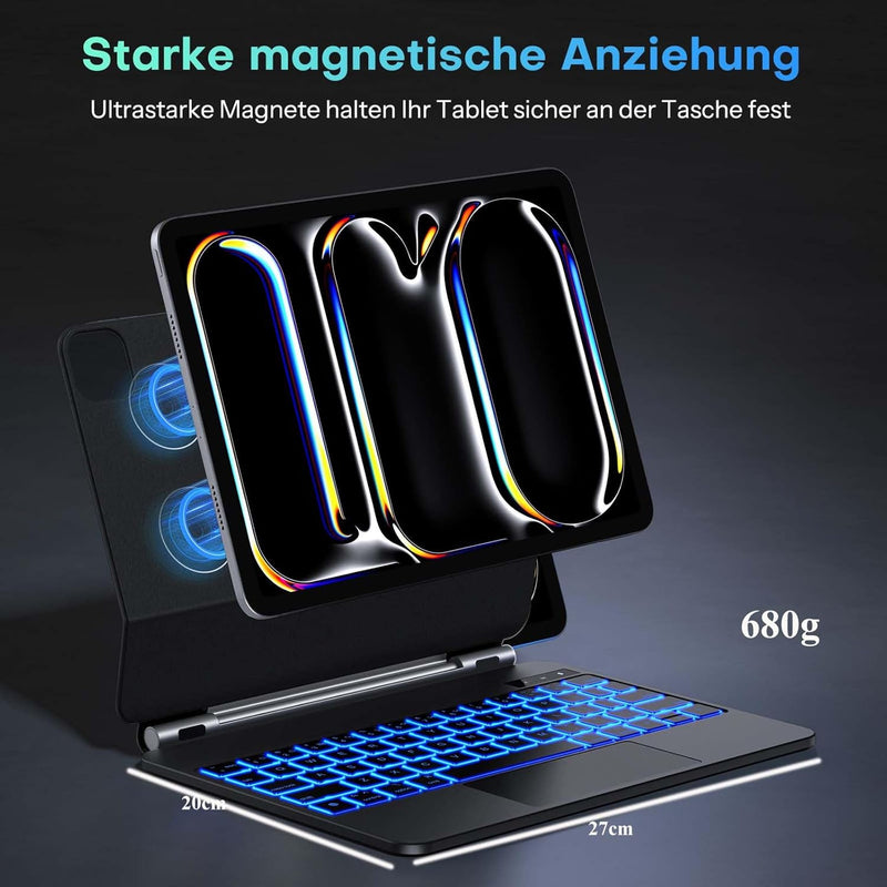 OMOTON Für iPad Pro 11 (M4,2024) Tastatur mit Hülle, Kabellos Beleuchtete Tastatur QWERTZ mit Multi-