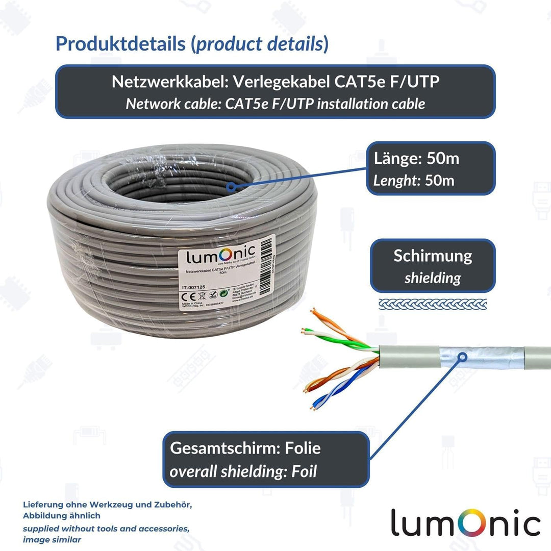 Lumonic 50m Netzwerkkabel CAT 5e F/UTP I CAT5e-Kabel, Gigabit Lan Kabel, Ethernet Kabel I Flexibles