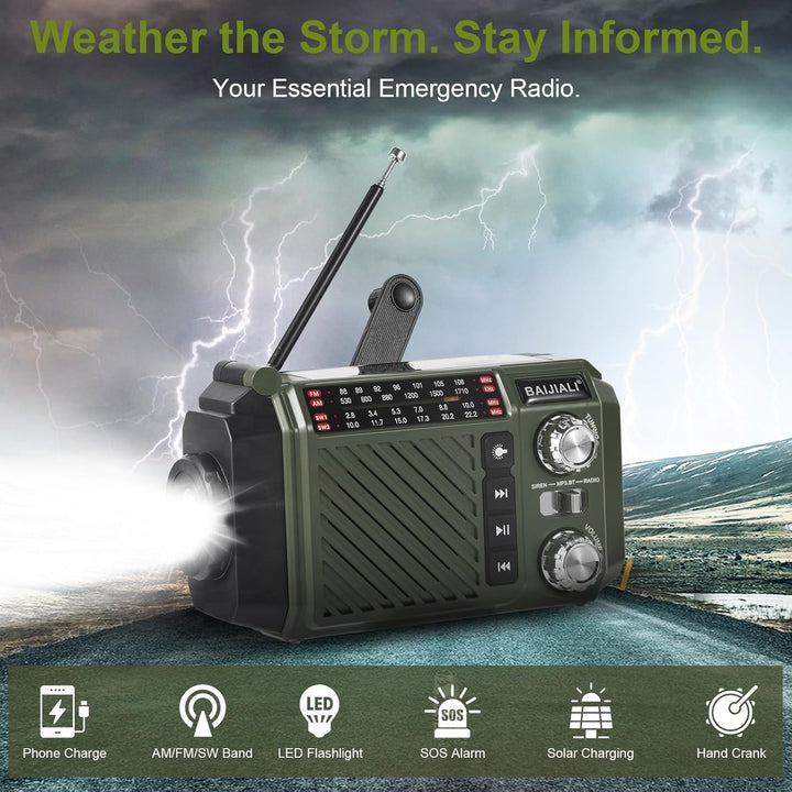 Kurbelradio Notfallradio mit 2600mAh Powerbank, Solar & USB-C Ladung, AM/FM/SW Weltempfänger, LED-Ta