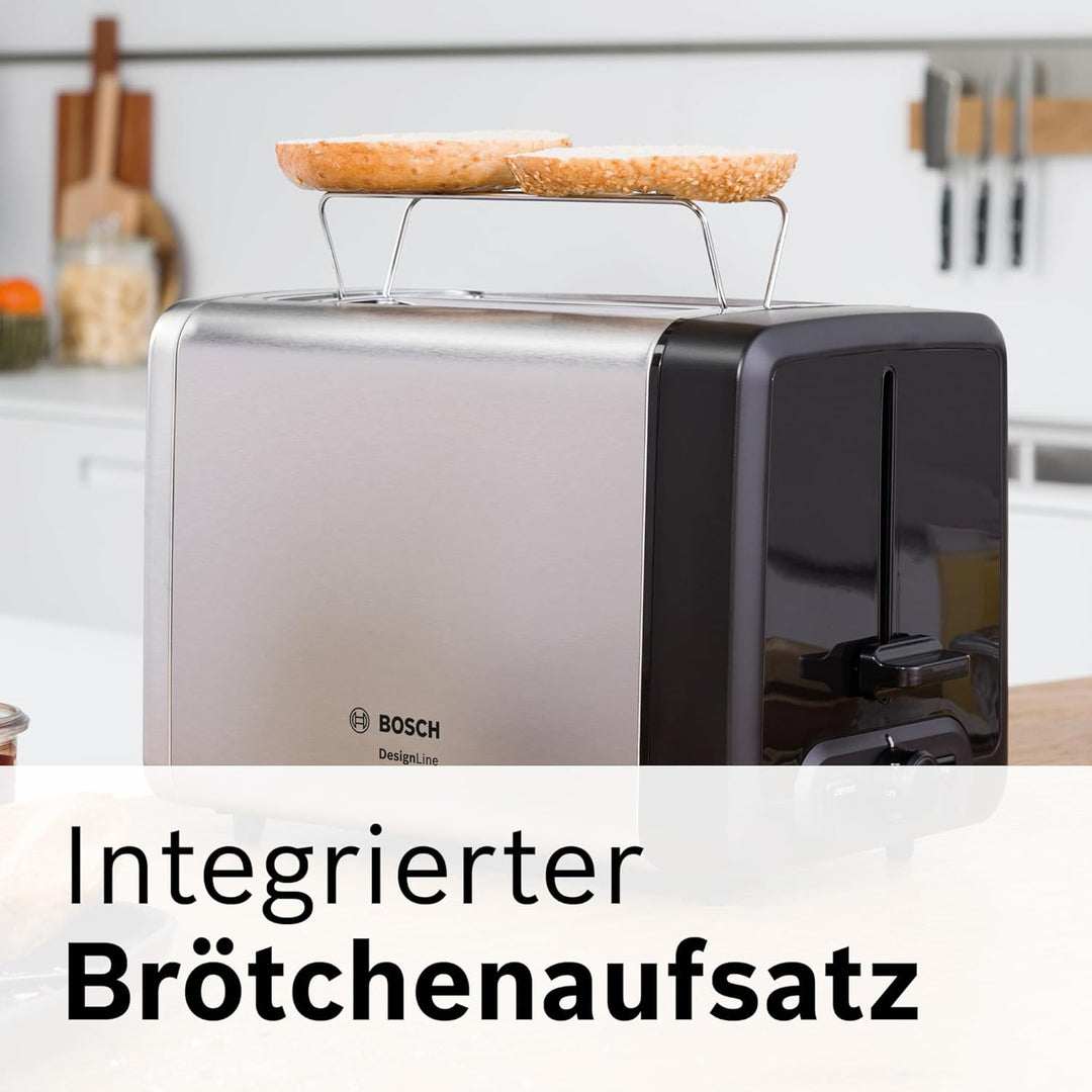 Bosch Kompakt Toaster DesignLine TAT4P420DE, integrierter Edelstahl-Brötchenaufsatz, mit Abschaltaut