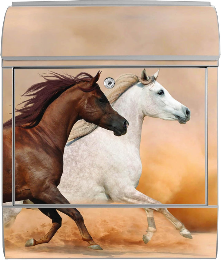 banjado® Design Briefkasten mit Motiv Wilde Pferde 39x47x14cm &amp; 2 Schlüssel - Briefkasten Stahl Silb