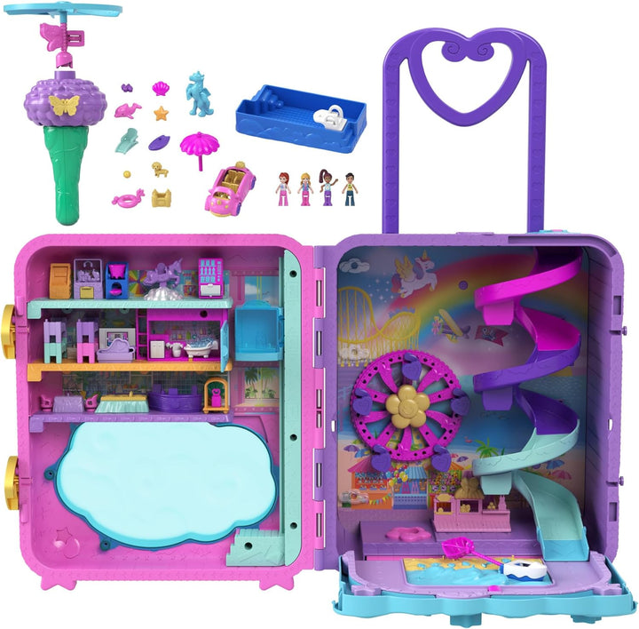 Polly Pocket Pollyville Urlaub im Rollkoffer - 4 Puppen, 1 Fahrzeug, 25+ Zubehörteile, Strand, Prome