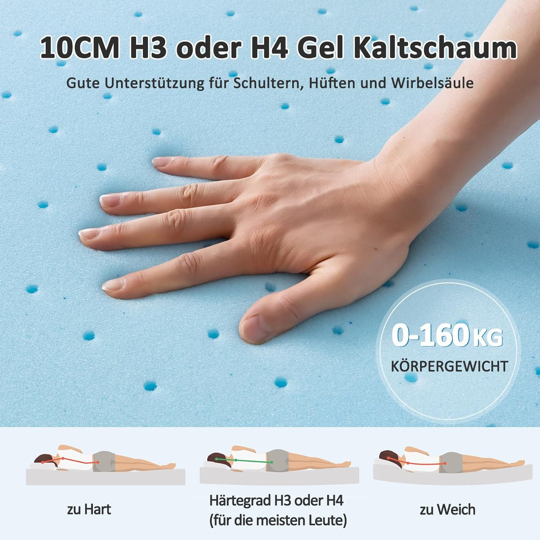 BedStory Gel Topper 90x200cm H3/H4 aus 10cm Höhe Kaltschaumkern, atmungsaktive 3D-Netz Bezug, Bequem