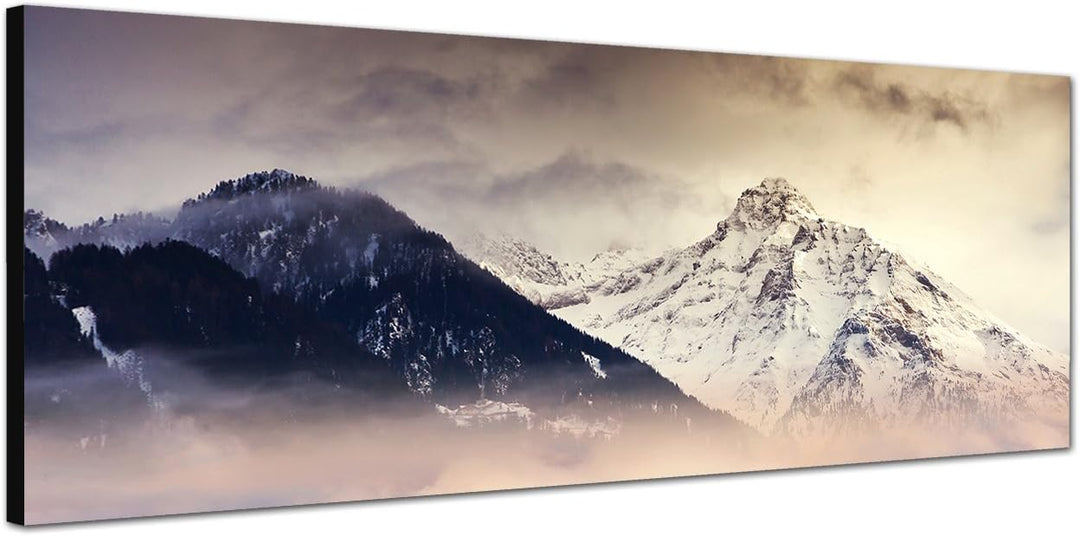 Paul Sinus Art Panoramabild auf Leinwand und Keilrahmen 150x50cm Berge Bäume Nebel Schnee Dämmerung
