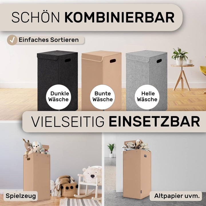 MAHEWA® Wäschekorb mit Deckel aus Filz - Grosser 80 Liter Filz Wäschesammler - Raumspar Wäschesortie