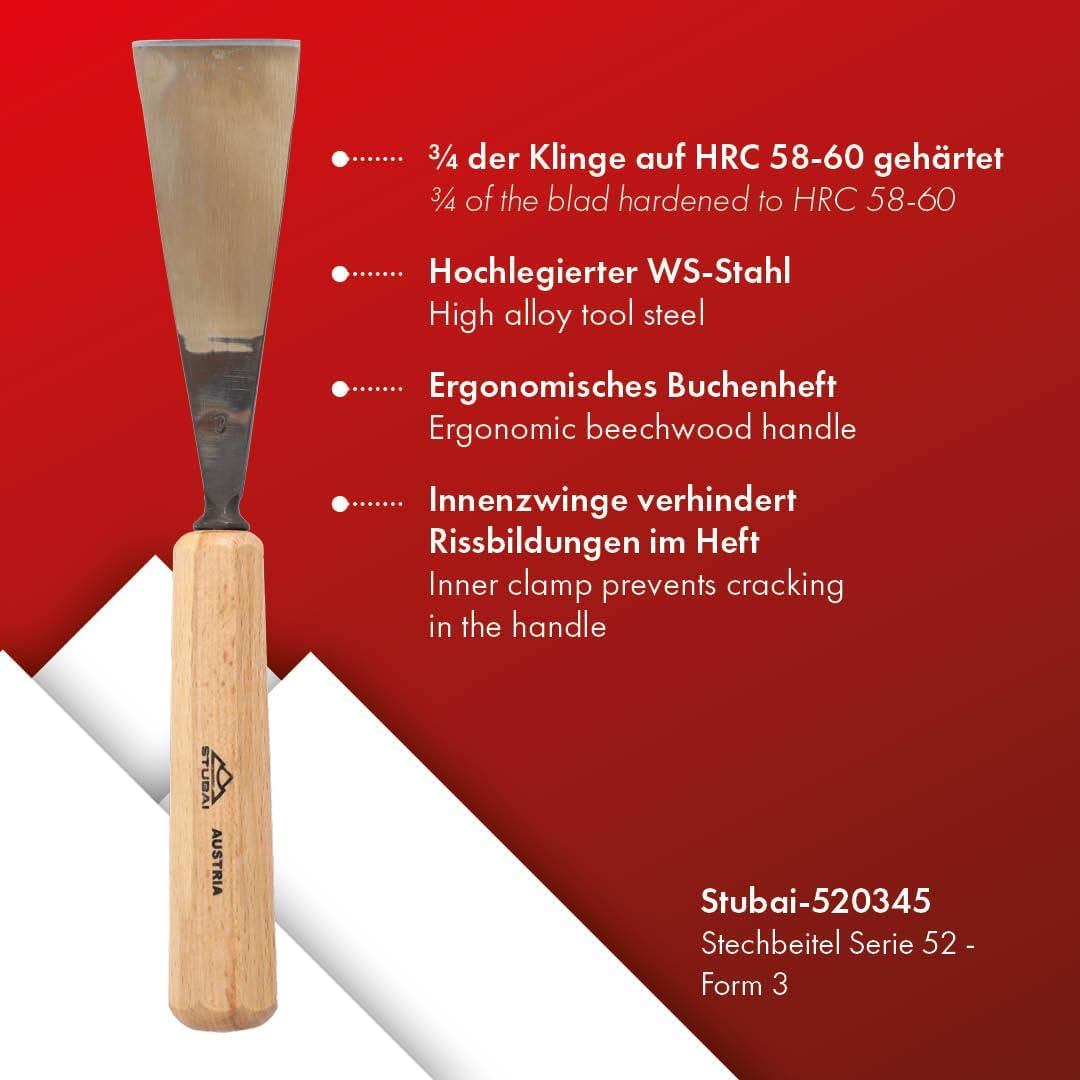 STUBAI Stemmeisen Stechbeitel Serie 52 - Form 3 | Gerades Flacheisen - 45 mm, mit Holzgriff, zum Vor