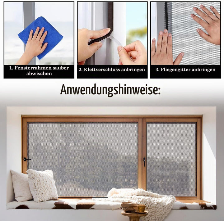 Moskitonetze für Fenster, 6 Stück Fliegengitter für Fenster, mit 6 Rollen Selbstklebeband, Mückensch