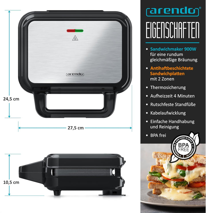 Arendo - Sandwichmaker mit Antihaftbeschichtung - abnehmbare Platten - BPA und PFOA frei - Temperatu