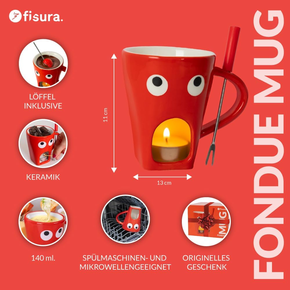 Fisura - Fondue Tasse für Schokolade und Käse, rote Keramiktasse 140 ml mit Gabel, originelle Gesche