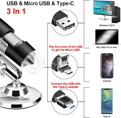 USB-Mikroskop-Kamera, 40x bis 1000x, Digitales Mikroskop mit Metallständer und Tragetasche, Kompatib