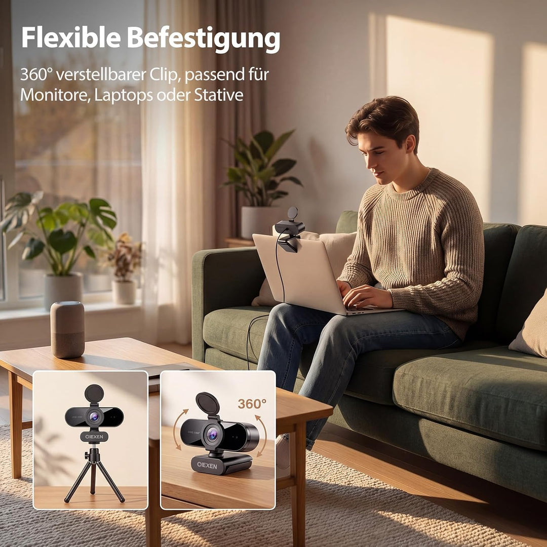 1080p Webcam mit Mikrofon &amp; Rauschunterdrückung, Full HD PC Kamera | Automatische Lichtkorrektur, 90