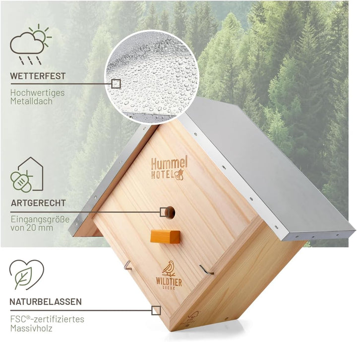 wildtier liebe Hummelhotel zum Aufhängen I Geschraubtes Massivholz, Set - inkl. Lockstoff & Nistmate