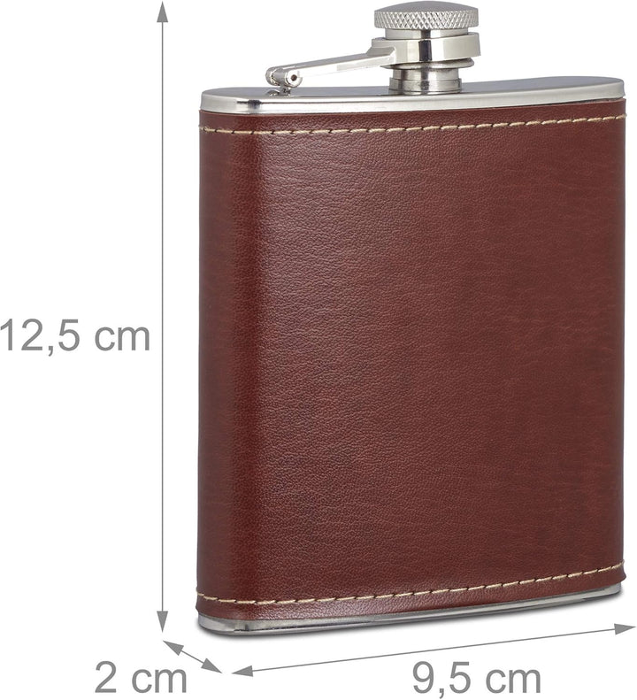 Relaxdays Flachmann 200ml, Taschenflasche aus Edelstahl mit Kunstleder Hülle, Kleiner Flachmann für