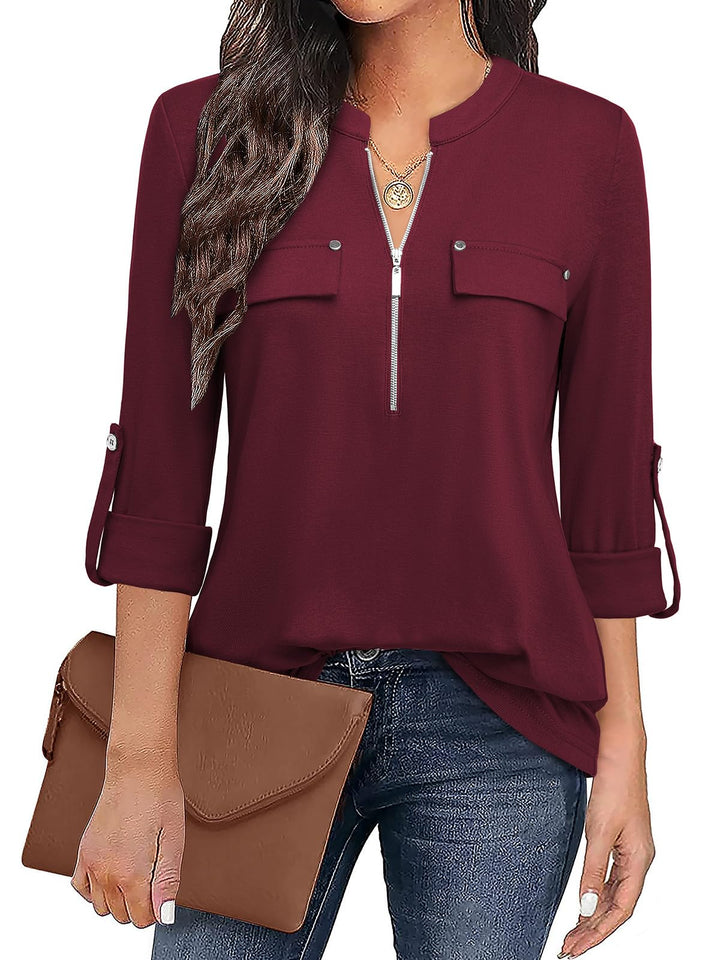 Siddhe Damen V-Ausschnitt Bluse 3/4 Ärmel Tunika Reissverschluss Langshirt Langarm Hemd Tops T-Shirt