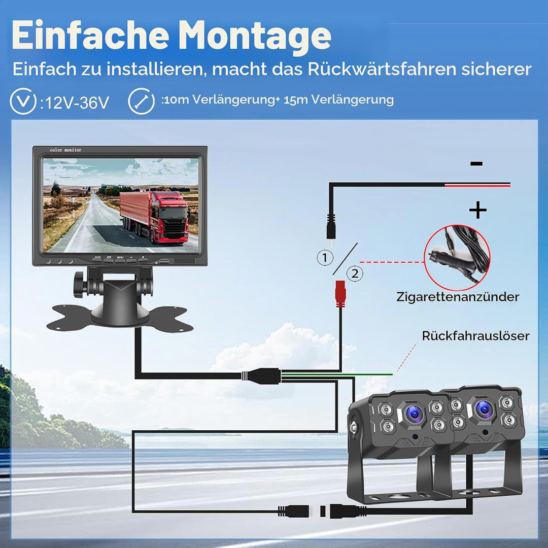 Hodozzy Rückfahrkamera 2 Kameras 7 Zoll IPS Monitor AHD Kamera Wasserdicht, Nachtsicht Frontkamera R
