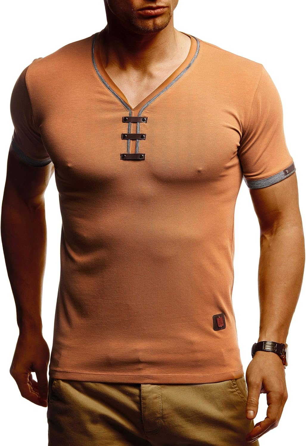 Leif Nelson Sommer T-Shirt Herren V-Ausschnitt - Coole Tshirts lang V-Neck aus Baumwolle - Casual Ba