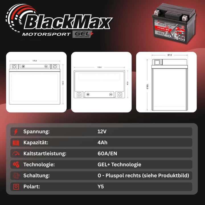 BlackMax CTX4L-BS Motorradbatterie YTX4L-BS GEL 12V 4Ah Roller Batterie 50314 4Ah - 65A, 4Ah - 65A