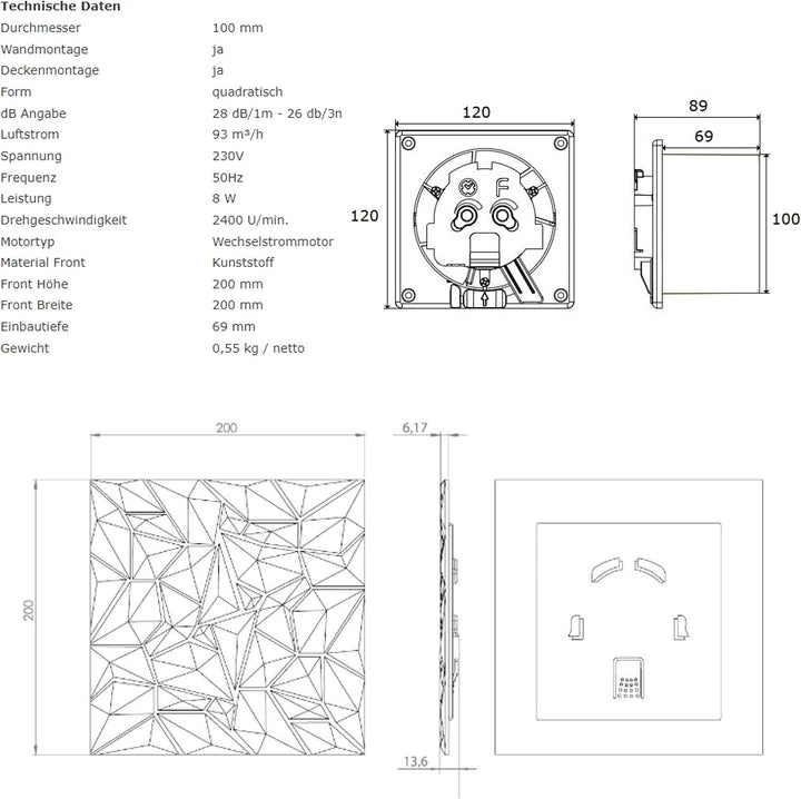 Badlüfter Wohnraumlüfter Diamant Panel anthrazit Ø 100 mm Zugschalter mit Rückstauklappe, Ø 100 mm Z