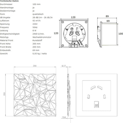 MKK Badlüfter Wohnraumlüfter Diamant Panel anthrazit Ø 100 mm Feuchtesensor/Hygrostat mit Rückstaukl