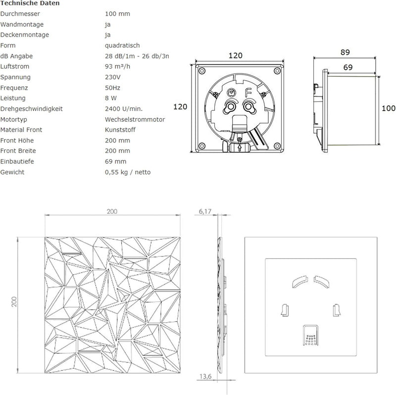 MKK Badlüfter Wohnraumlüfter Diamant Panel anthrazit Ø 100 mm Feuchtesensor/Hygrostat mit Rückstaukl