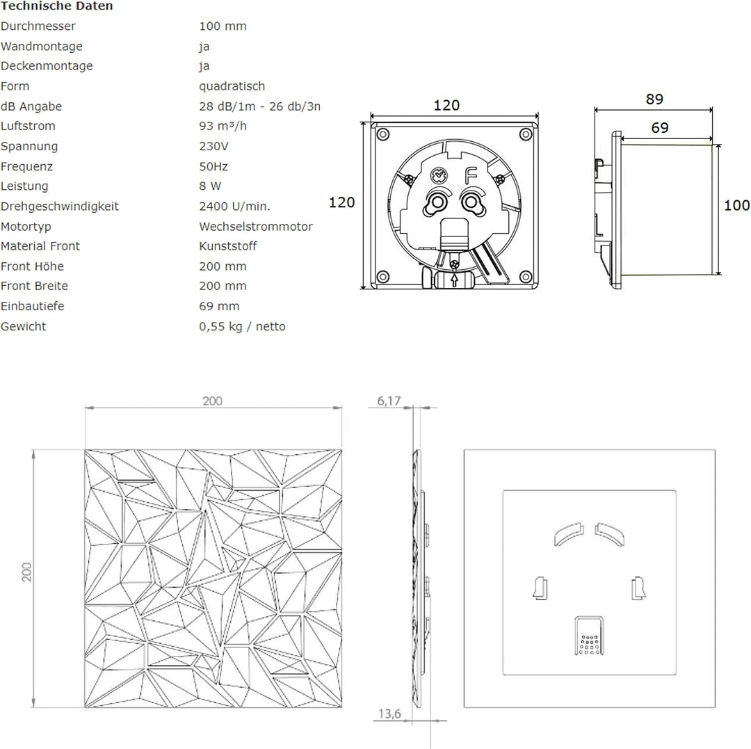 MKK Badlüfter Wohnraumlüfter Diamant Panel weiss Ø 100 mm Standard, Ø 100 mm Standard