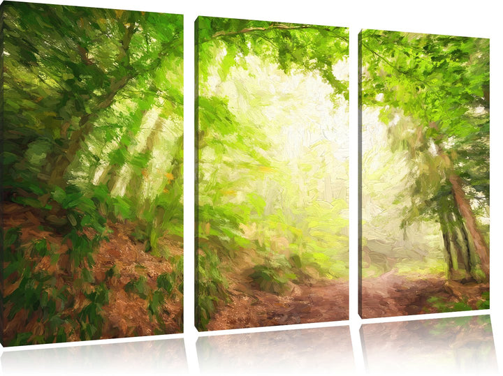 Pixxprint Sonnenstrahlen Waldweg Pinsel Effekt 3-Teiler Leinwandbild 120x80 Bild auf Leinwand