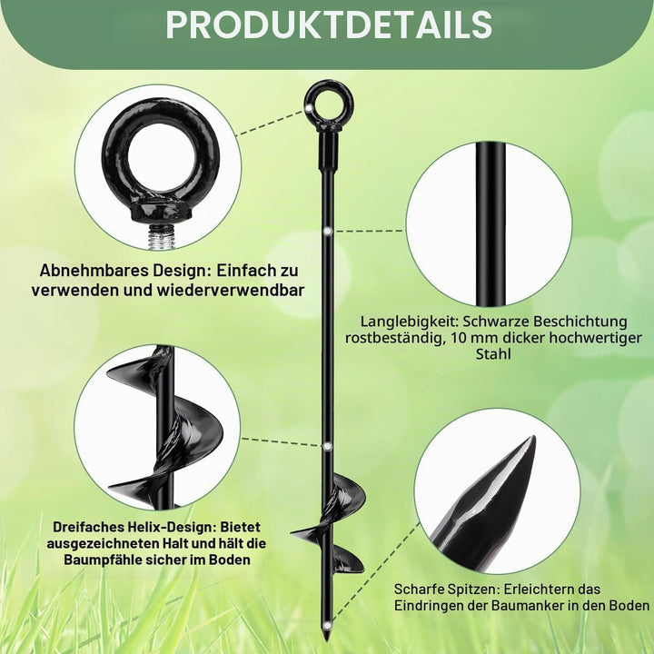 Baumstützen Set Schwerlast 3er Pack 45 cm – Spiral-Baumanker/Bodenanker mit Baumgurten, Spannschlöss