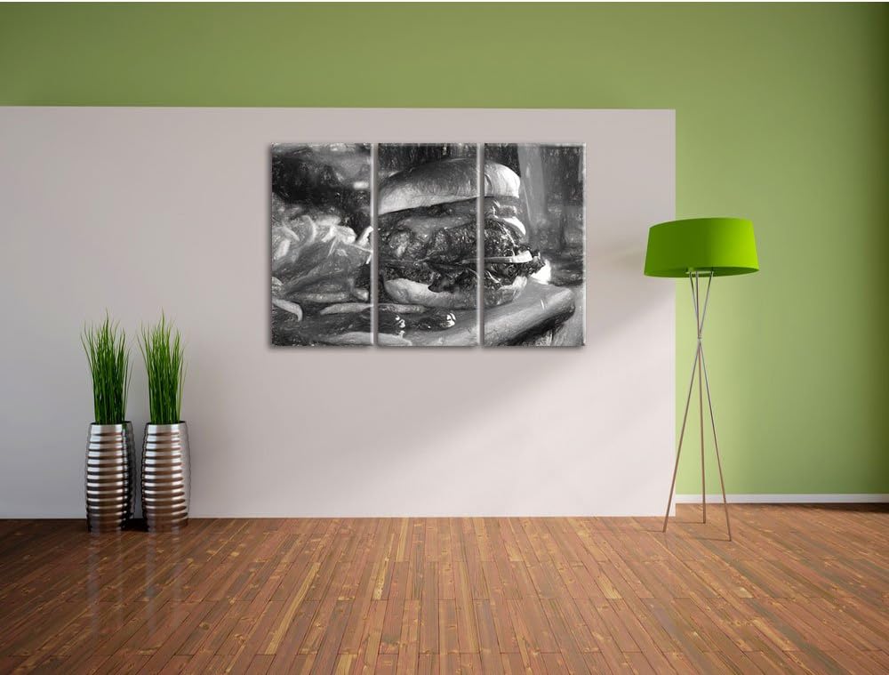 Pixxprint Saftiger Chili Cheese Burger Kohle Zeichnung Effekt 3-Teiler Leinwandbild 120x80 Bild auf