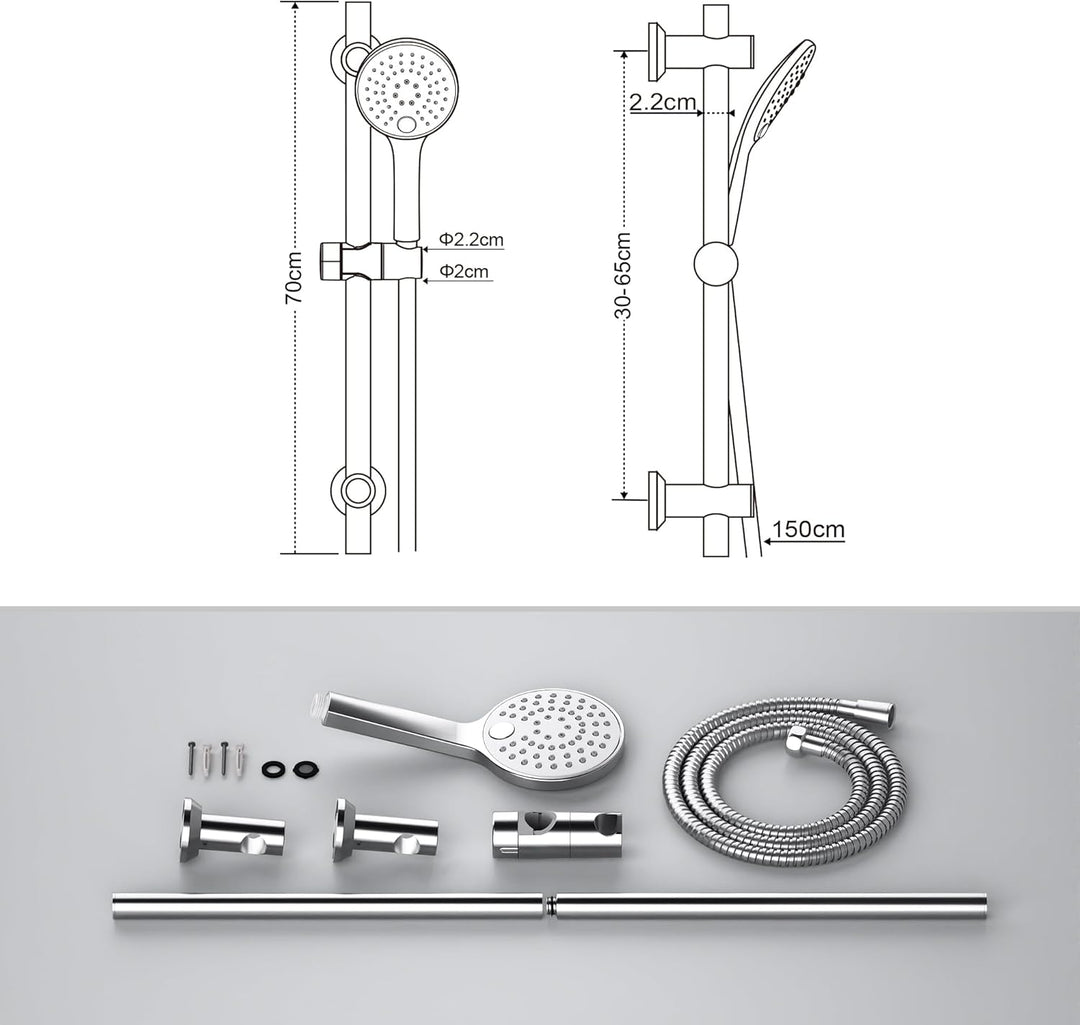 Görbach Duschset Duschbrause mit Schlauch und Halterung, Brausestangeset 0.7m Chrom Duschstange mit