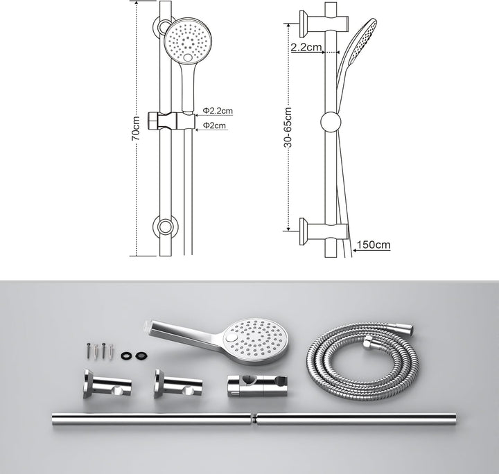 Görbach Duschset Duschbrause mit Schlauch und Halterung, Brausestangeset 0.7m Chrom Duschstange mit