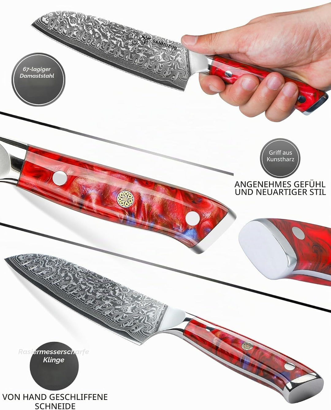 Damastmesser 18 cm Santokumesser - Japanisches Kochmesser - VG 10 Damaskus Stahl Küchenmesser mit Ha