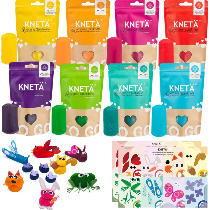 KNETÄ Knete ab 1 Jahr I Party Set I 8x 100g vegane Kinderknete inkl. 2x Bastelkarte Tiermotive I Pla