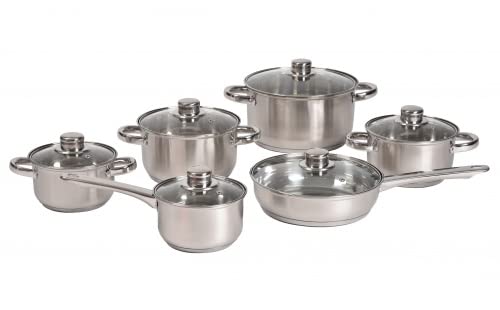 Kochtopf Set 12 teilig mit Glasdeckel Edelstahl Induktion Kochtopf Pfanne Kochtopfset