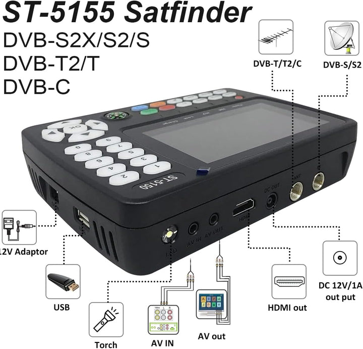 ST-5155 Satfinder DVB-S2/S/T2/T/C, Satelliten Finder(10bit) H.264/265/HEVC mit Bild, Satfinder mit S