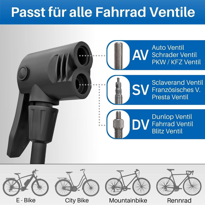 HiLo sports Standluftpumpe Fahrrad - [Passt für alle Ventile] - 11 Bar Fahrradpumpe mit grossem Mano