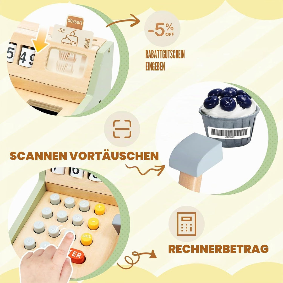 Holzkasse für Kinder – Interaktive Spielkasse für Kaufladen mit Scanner, Kartenleser, Spielgeld & Ho