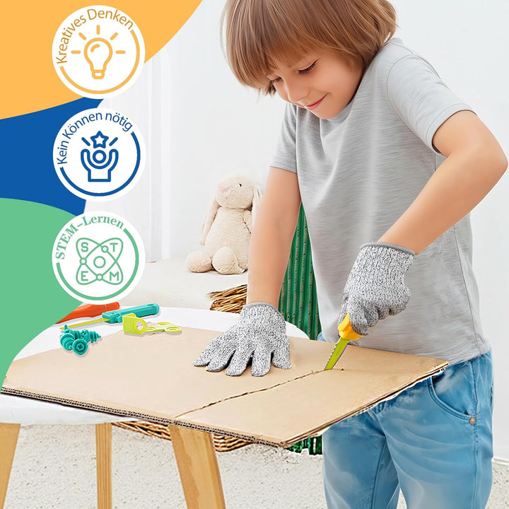 Kibbidea Karton-Baukasten für Kinder (170 Teile), Werkzeugkasten aus recycelter Pappe, Kreatives STE