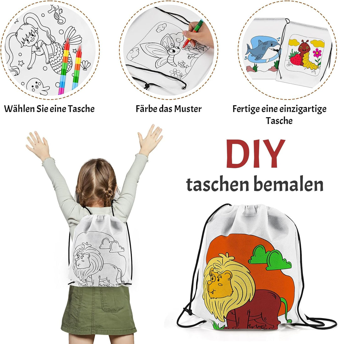 Tigvio Stoffbeutel zum Bemalen für Kinder, 12 Stück Taschen zum Bemalen für Kinder und 12 Stück Stap