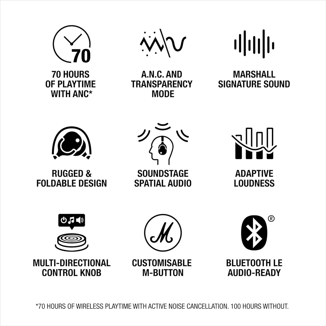 Marshall Monitor III ANC Aktiver Geräuschunterdrückung Bluetooth Kopfhörer, 70 Stunden Spielzeit –