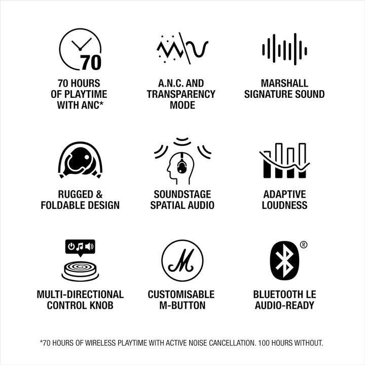 Marshall Monitor III ANC Aktiver Geräuschunterdrückung Bluetooth Kopfhörer, 70 Stunden Spielzeit –