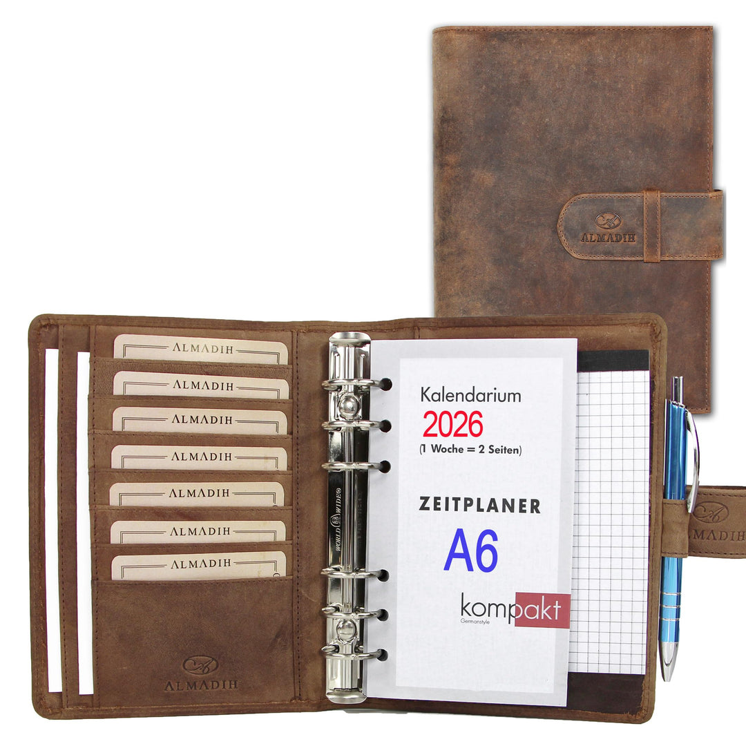 ALMADIH Leder A6 Terminplaner Kalender 2024 Notizblock aus Premium Rindsleder Braun Vintage in Gesch