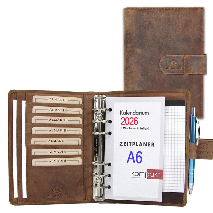 ALMADIH Leder A6 Terminplaner Kalender 2024 Notizblock aus Premium Rindsleder Braun Vintage in Gesch