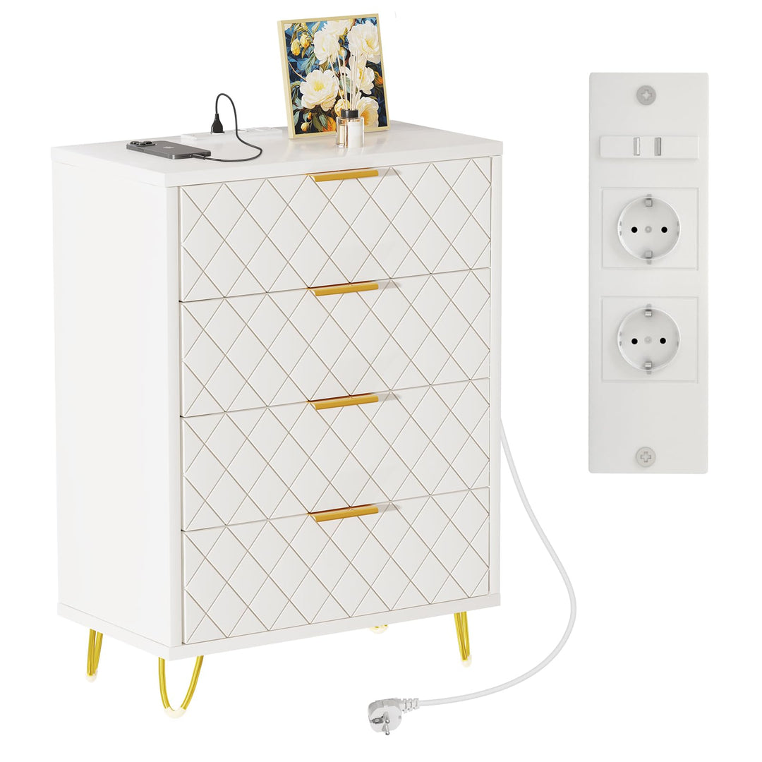 Nachttisch Weiss mit Ladestation, Nachtschrank mit 4 Schublade, 2 AC-Steckdosen, 2 USB-Anschlüsse, M