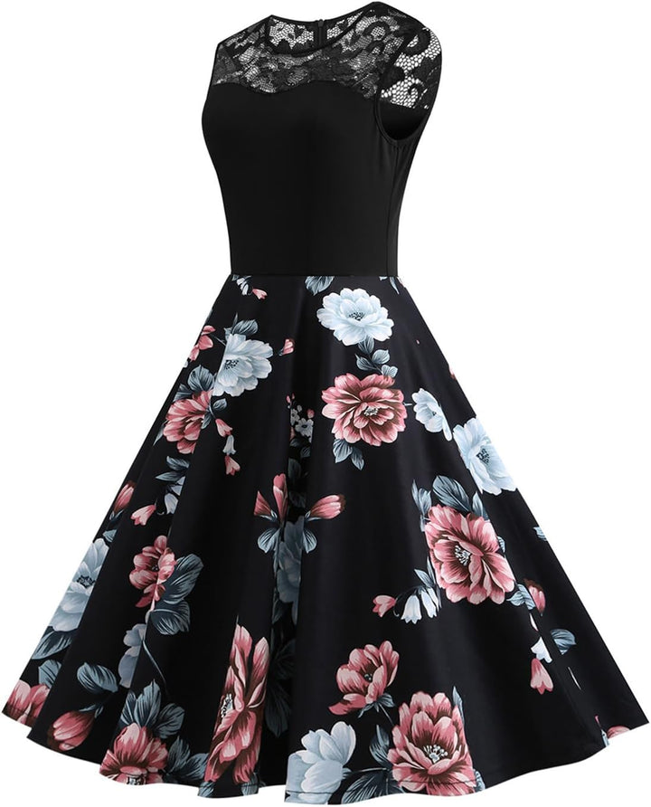 AXOE Damen Rockabilly Kleider 50er Jahre Vintage Blumenmuster, M Farbe06