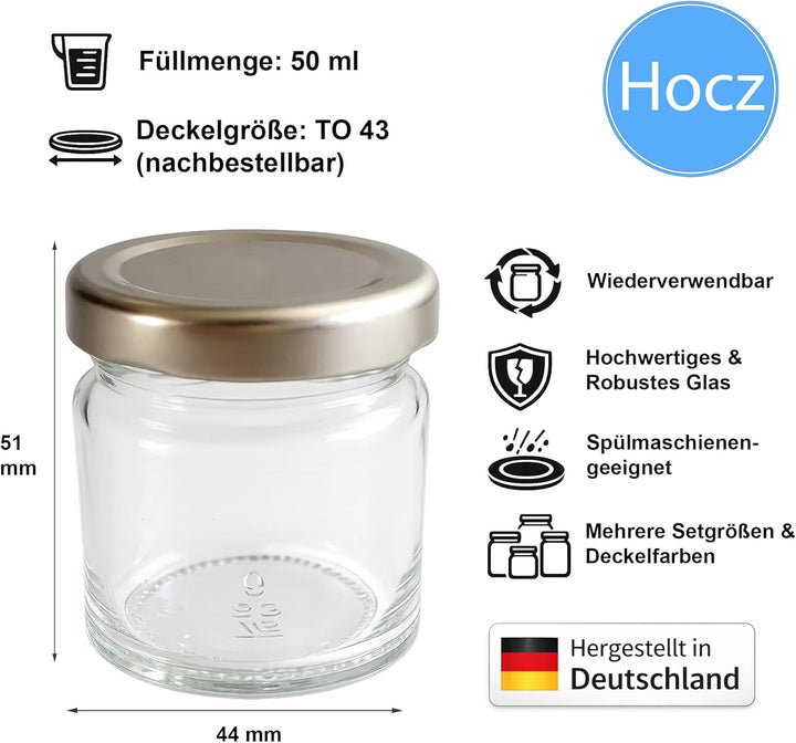 hocz 28x Mini Marmeladengläser 53 ml Set | Deckel Silber TO 43 | kleine Einmachgläser mit Schraubdec