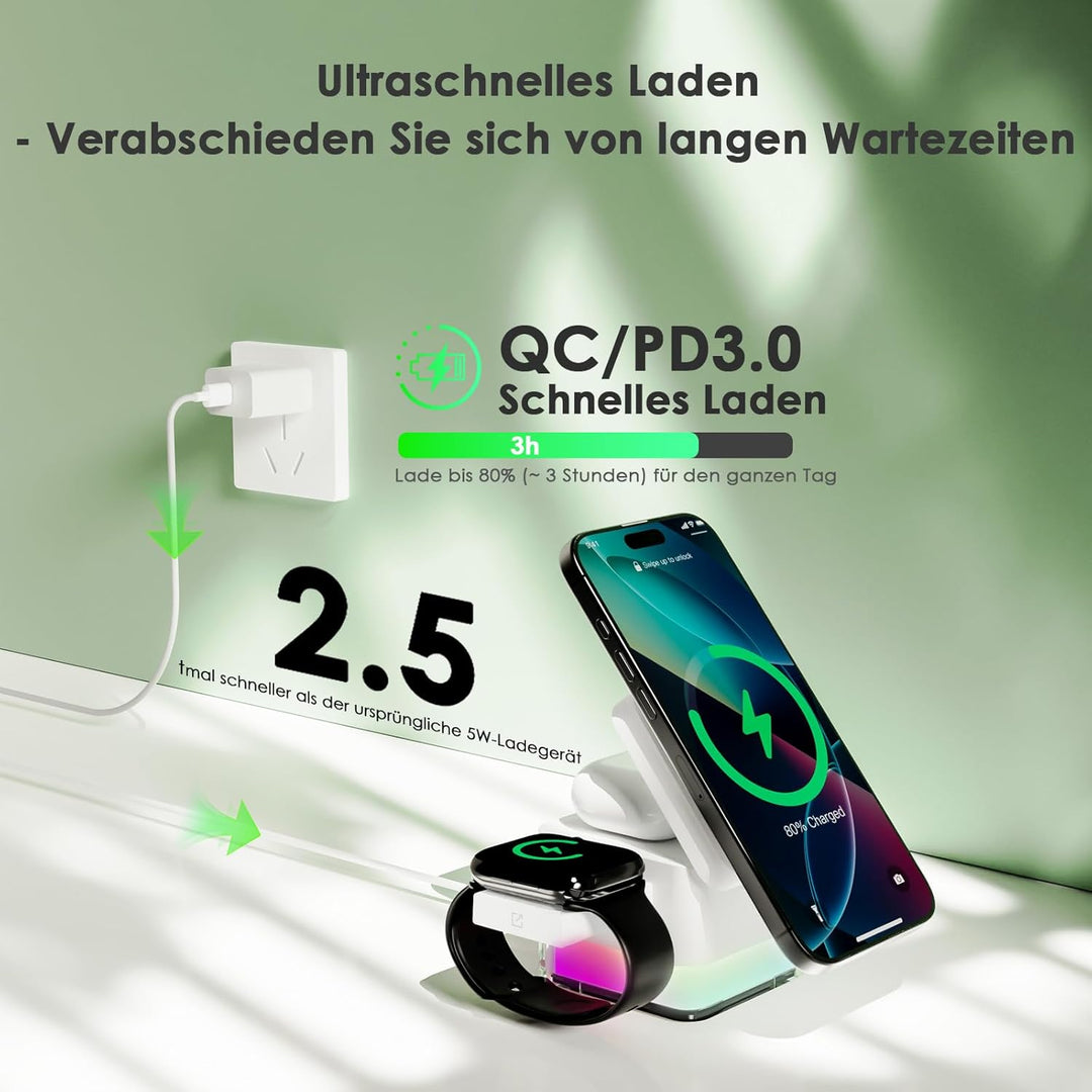 Minthouz Kabellose 3-in-1-Würfel-Ladestation,15W Schnelles Qi-zertifiziertes Drahtloses Ladehalter m