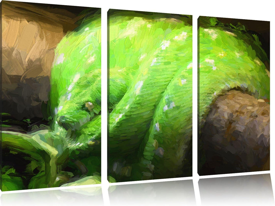 Pixxprint Grüne exotische Schlange / 3-Teilig/Gesamtmass 120cm Leinwandbild bespannt auf Holzrahmen/